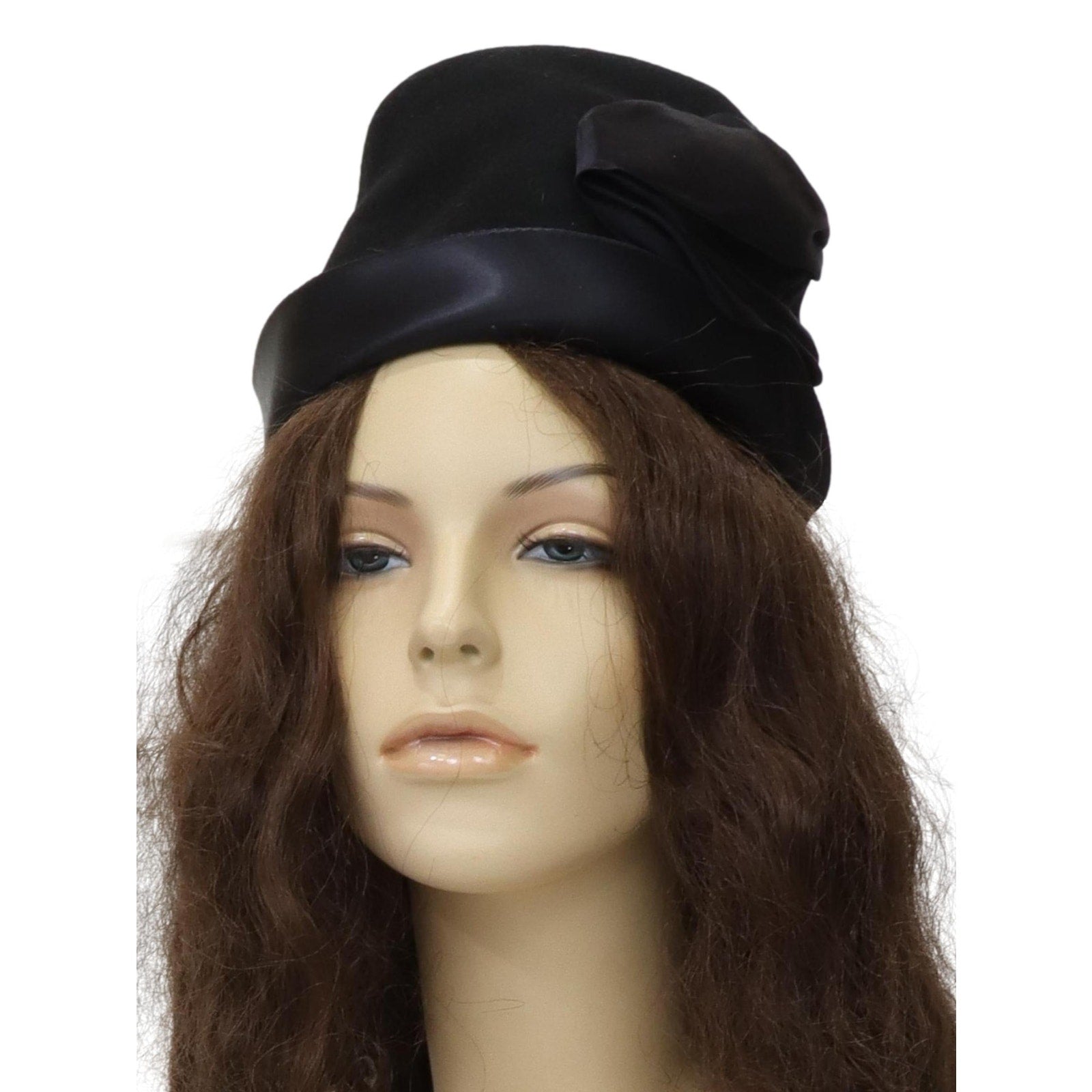 Vintage 1950s Black Wool Cloche Hat New York Creations Satin Rose Size 7