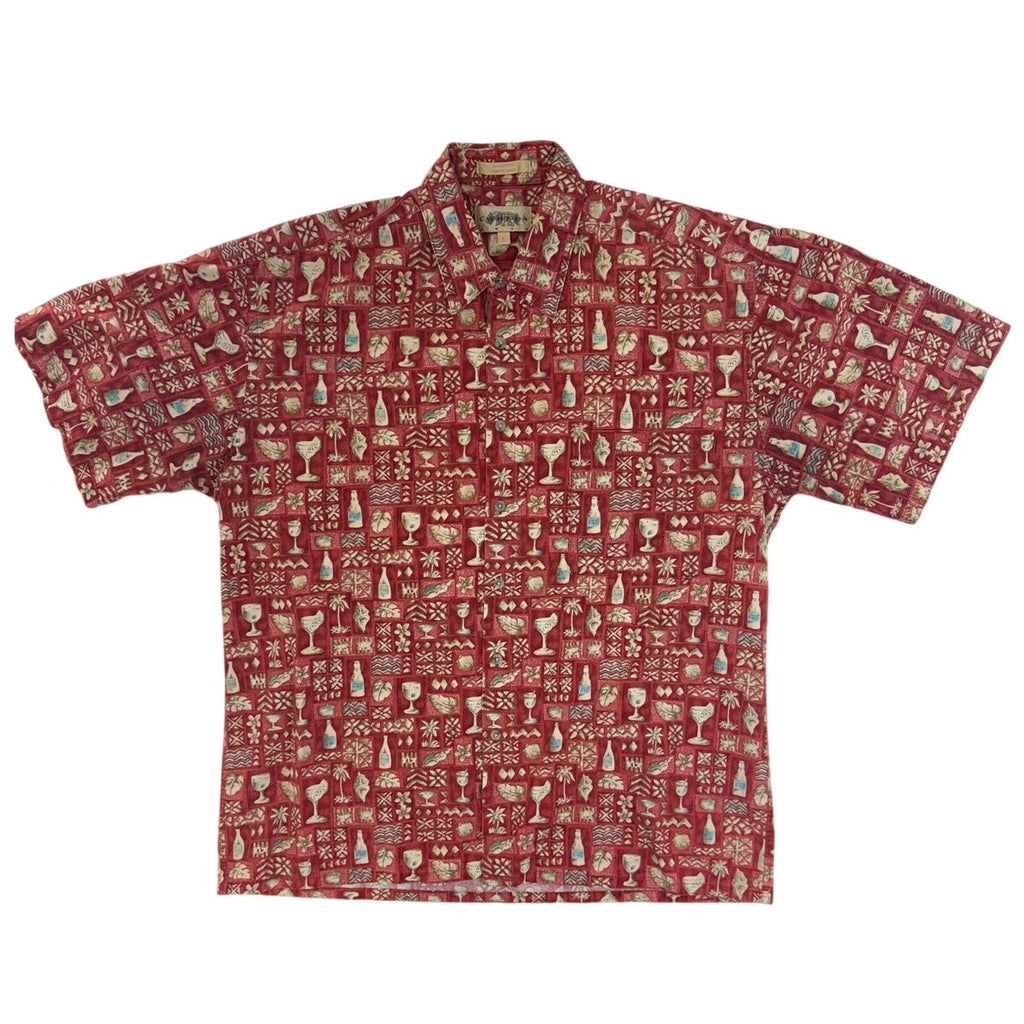 Vintage 80s Campia Red Hawaiian Cocktail Print Cotton Camp Shirt XL