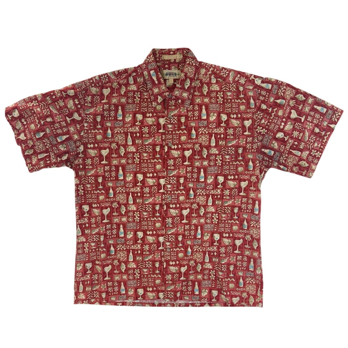 Vintage 80s Campia Red Hawaiian Cocktail Print Cotton Camp Shirt XL