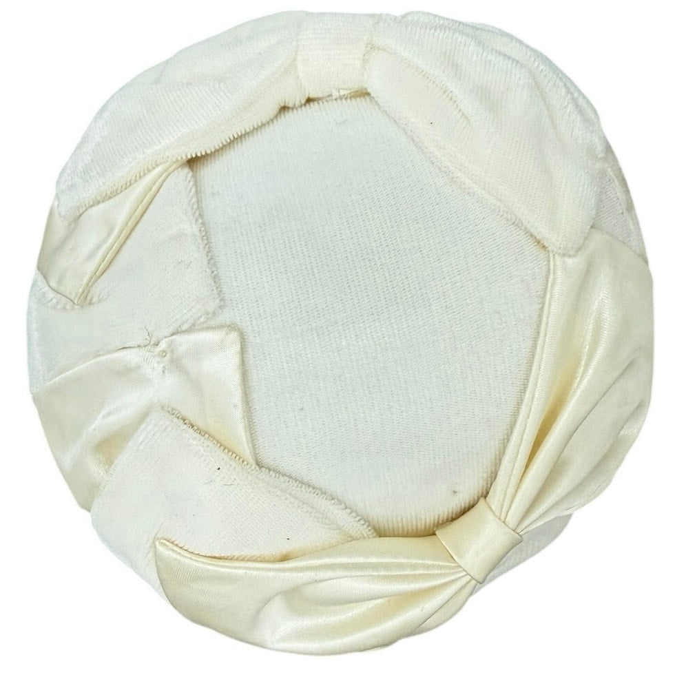 Vintage 1950s Clover Lane White Satin Velveteen Bow Cap Hat