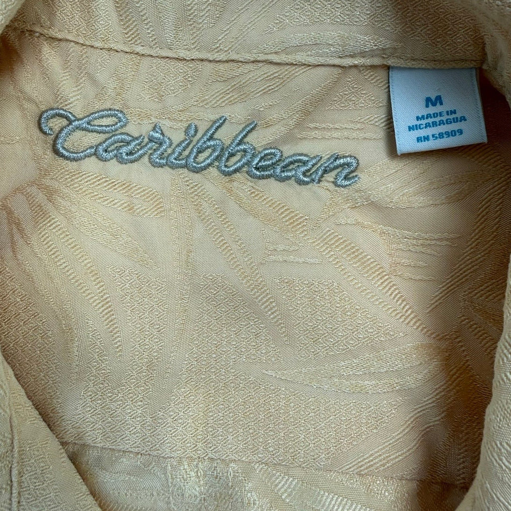 Vintage 90s Caribbean Mens Med Cream Yellow Jacquard Camp Shirt Coconut Buttons
