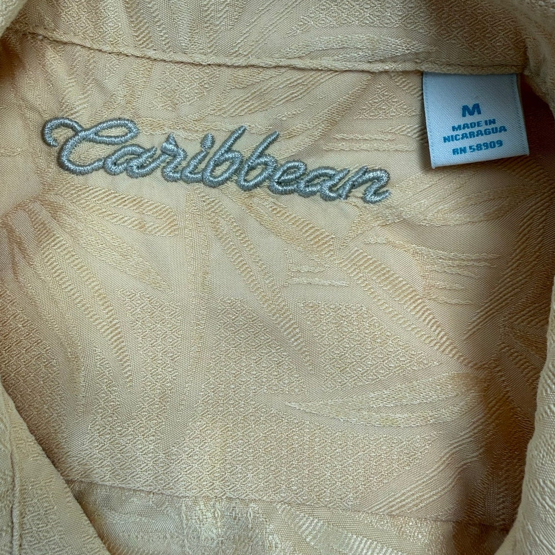 Vintage 90s Caribbean Mens Med Cream Yellow Jacquard Camp Shirt Coconut Buttons
