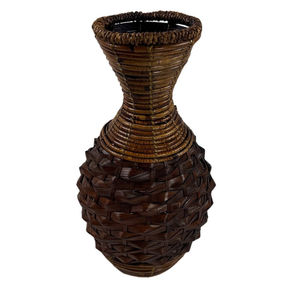 Vintage 90s Handwoven Rattan Wicker Vase 15 Brown Boho Basket Decor