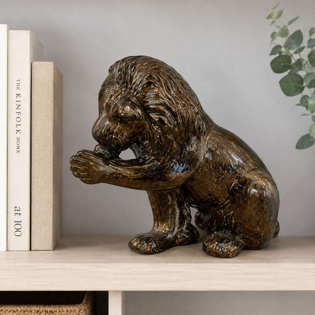 Vintage 90s Lion Sculpture Bronze Brown Glazed Pottery Statue 12"