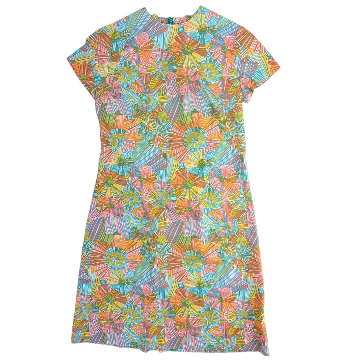 Vintage 60s Women's Medium Mod Dress Geometric Midi Orange Blue Green Yellow