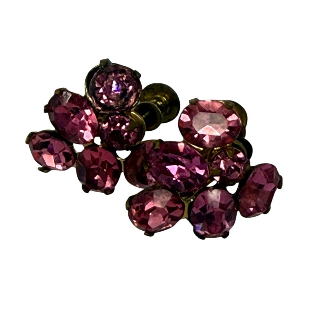 Vintage 50s Pink Rhinestone Screw Back Earrings Brass Cluster
