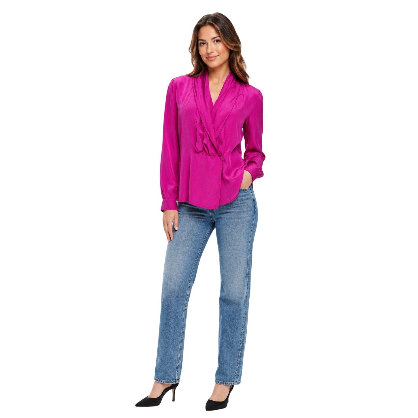 Vintage 80s Nordstrom Town Square 100 Silk Fuchsia Blouse Size 8 Shoulder Pads