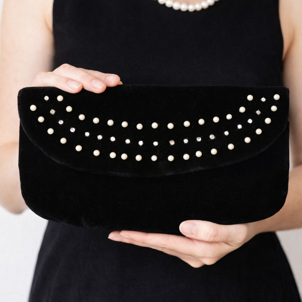 Vintage 60s Black Velvet Clutch Pearl Rhinestone Evening Bag