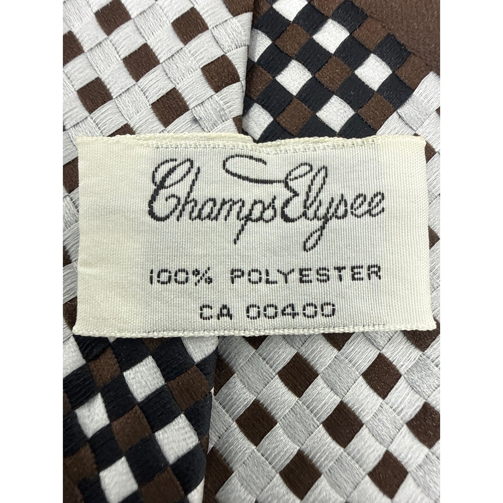 Vintage 70s Mens Wide Disco Necktie Champs Elysee Op Art Check Brown Black White