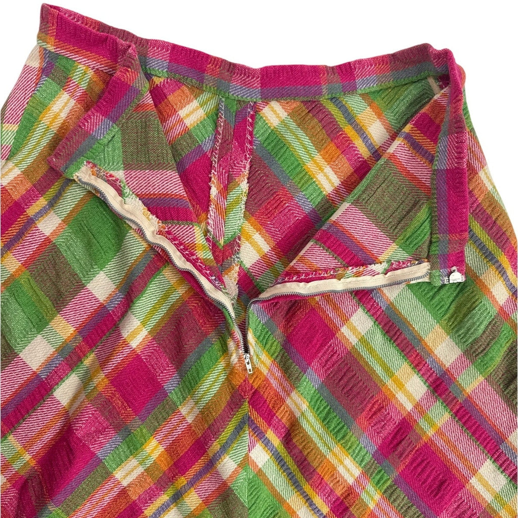 Vintage 1970s Handmade Pink Green Plaid Chevron Ruffle Midi Skirt 28"