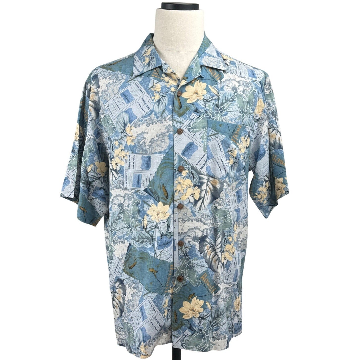 Vintage 90s Three Palms Silk Hawaiian Shirt Mens M Blue Tropical Aloha