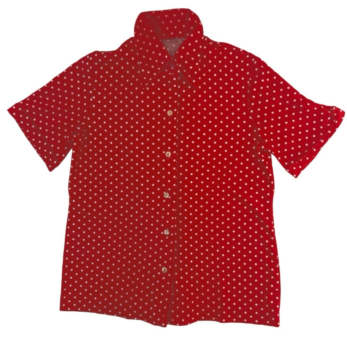 Vintage 70s Red White Polka Dot Knit Blouse Short Sleeve Button Front