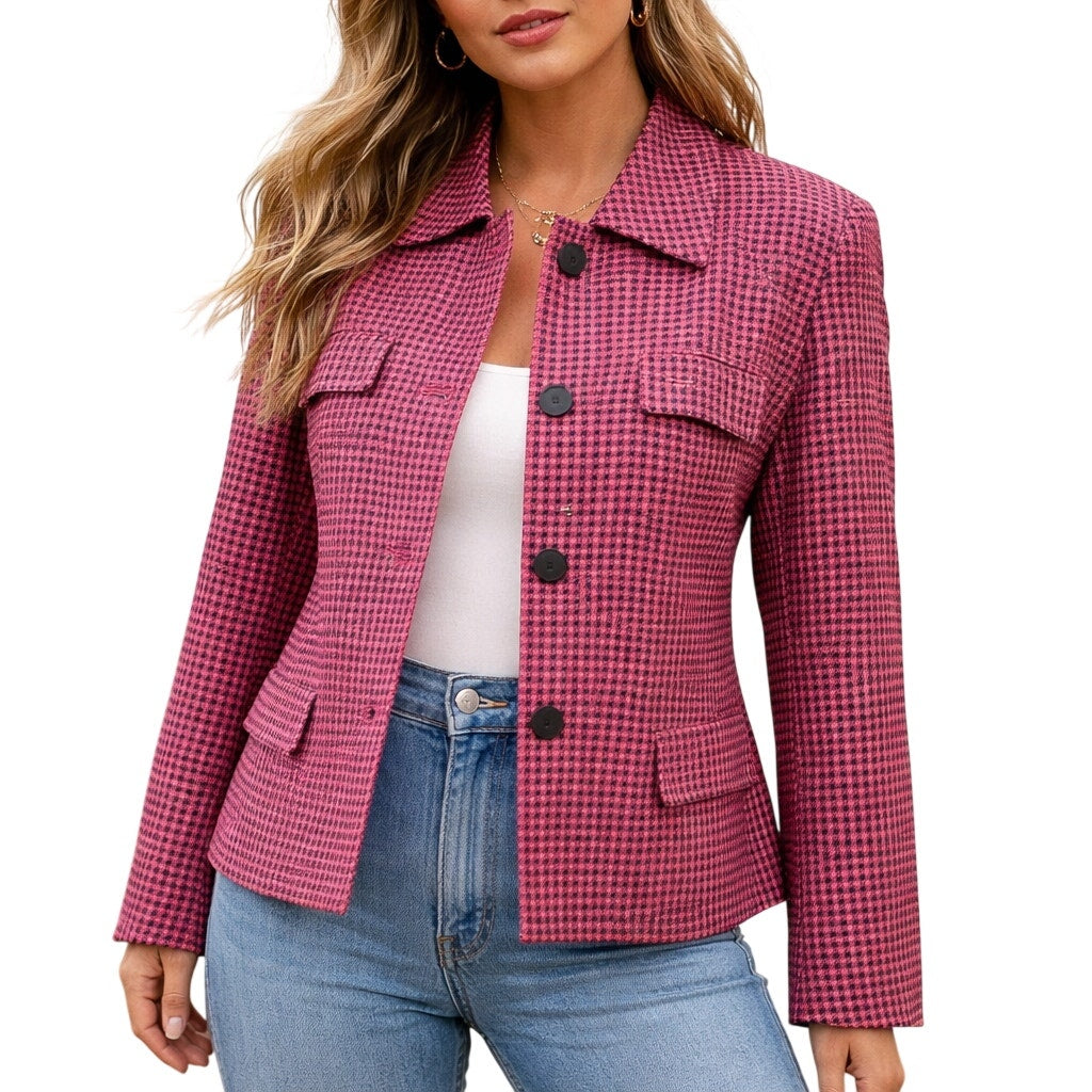 Vintage 90s Women's 12P Pink Houndstooth Blazer Jacket USA Made Rayon