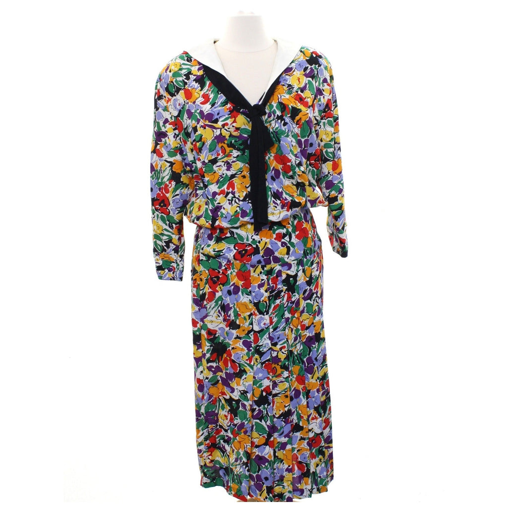 Vintage 80s Joan Martin Floral Midi Dress Scarf Tie Pleated Women's Small