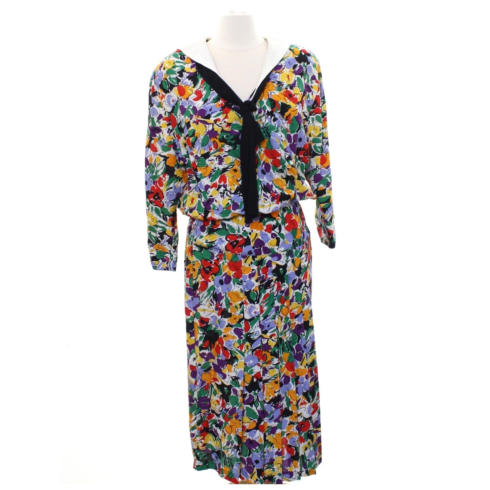 Vintage 80s Joan Martin Floral Midi Dress Scarf Tie Pleated Women's Small