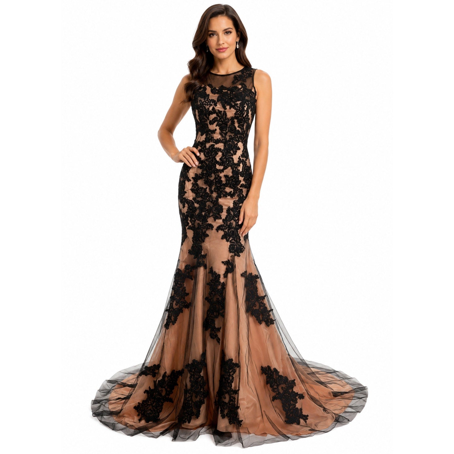 Vintage 90s Black Lace Mermaid Evening Gown Nude Illusion Formal Dress XS Petite