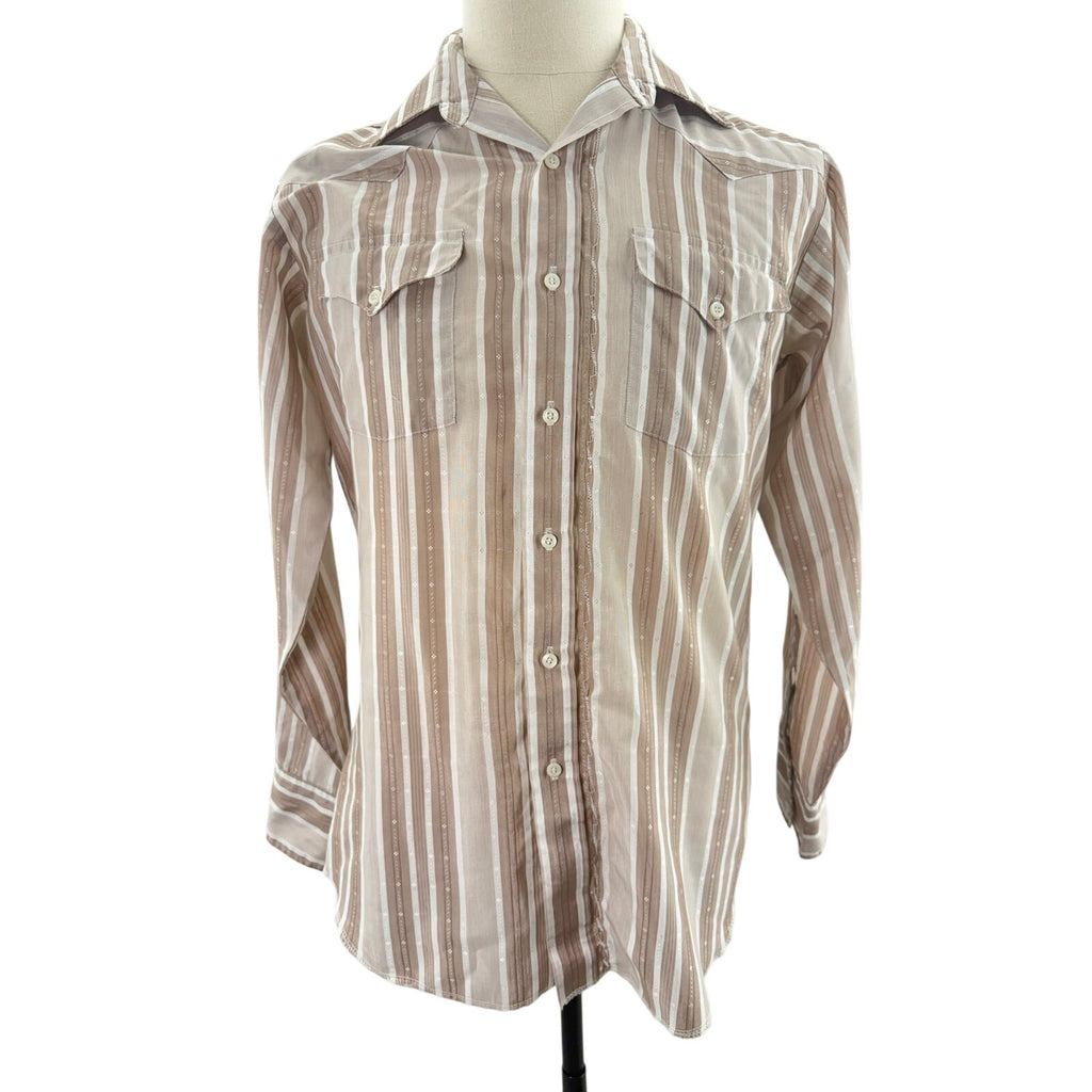 Vintage 80s Western Shirt Men's Large Panhandle Slim Taupe Stripe USA Chest 42