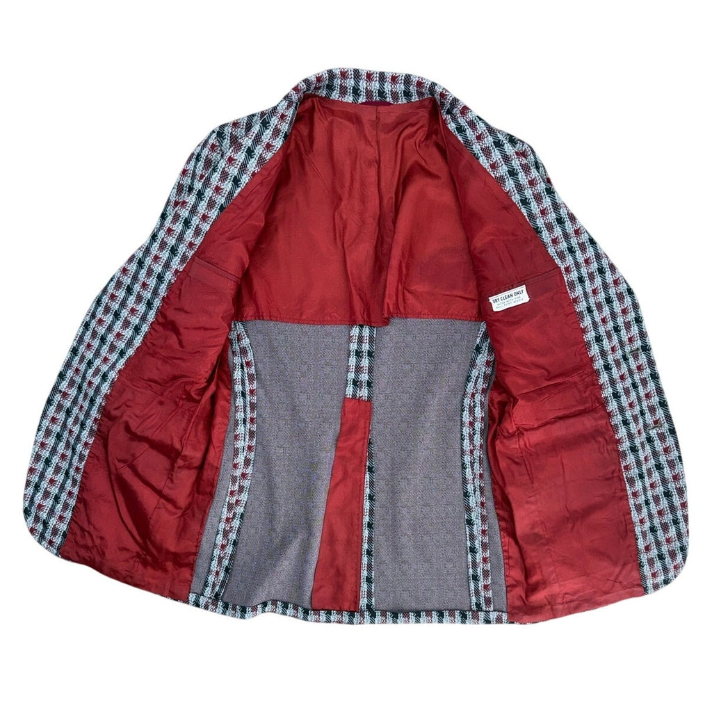 Vintage 70s Men's 38R Plaid Polyester Sport Coat Blazer Red Gray