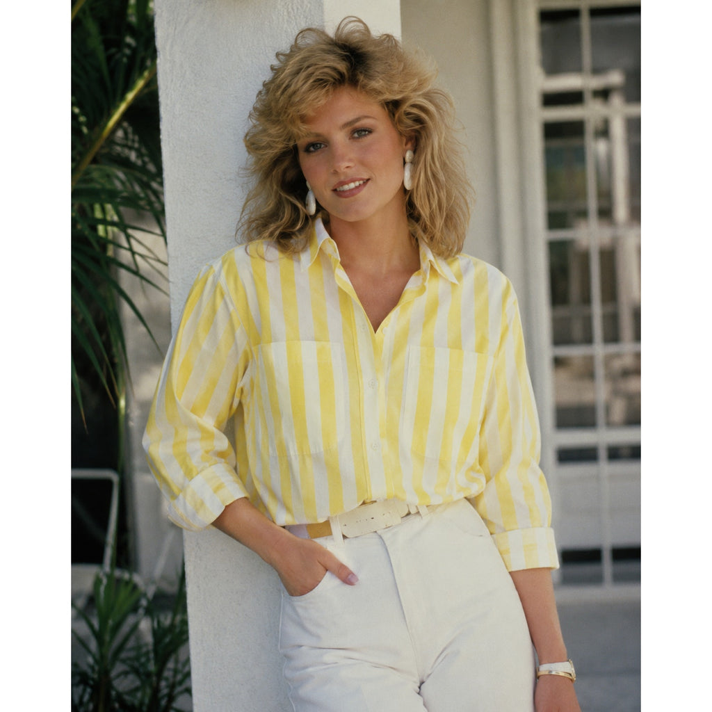 Vintage 80s John Henry Yellow White Stripe Button Front Shirt Women's Small