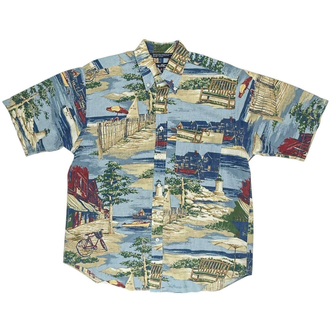 Vintage 90s Nautica Mens Coastal Print Linen Cotton Shirt Mens Medium
