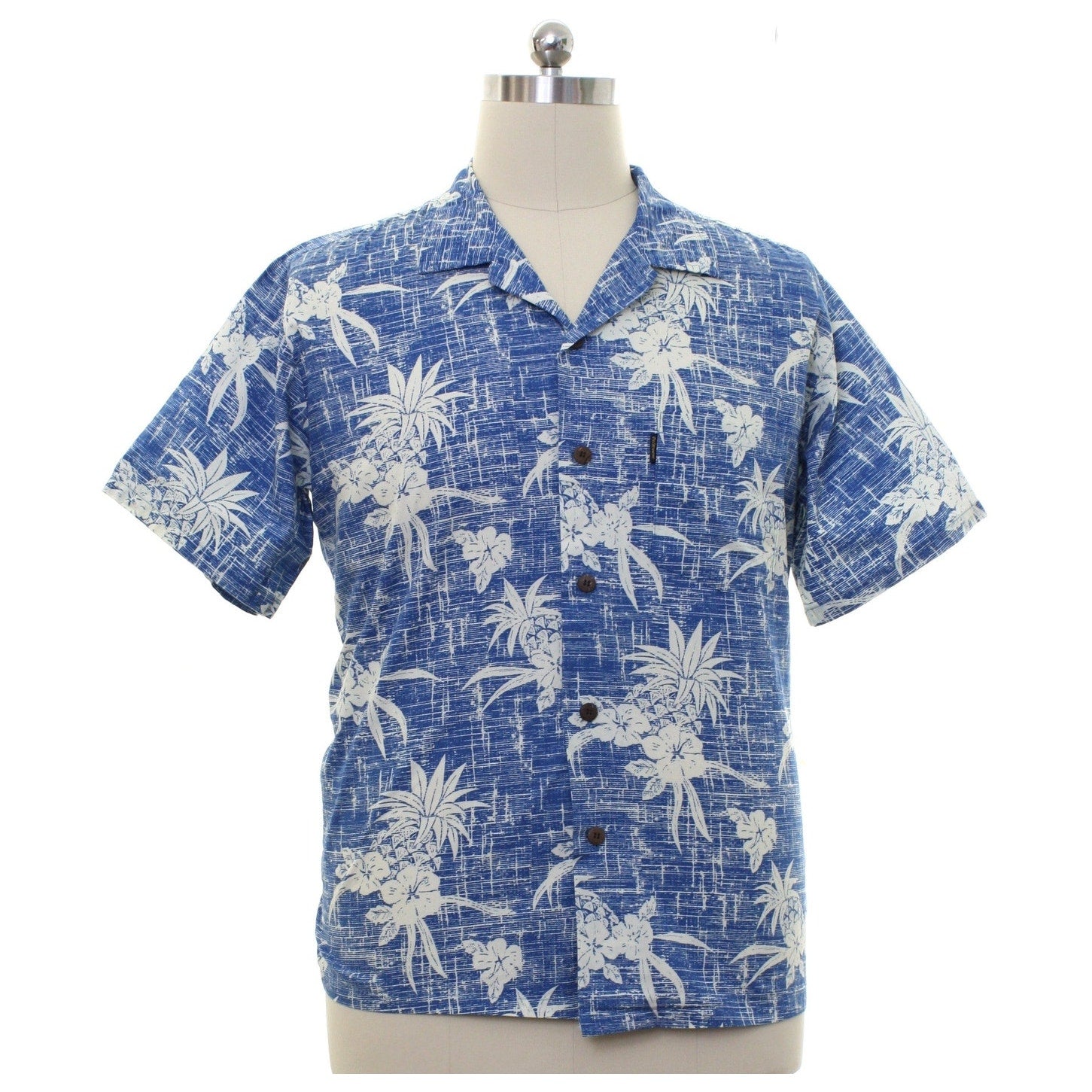 Vintage 90s Palmwave Hawaiian Shirt Blue Floral Cotton Camp Shirt Men's Large