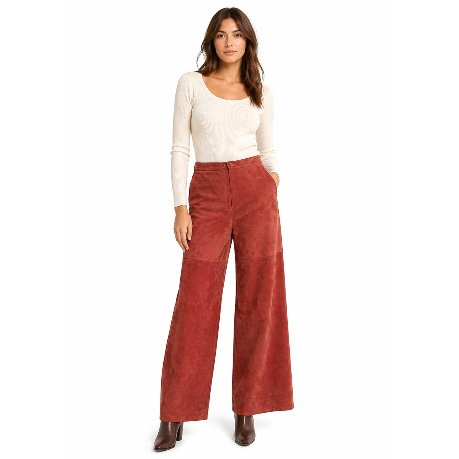 Vintage 70s Burnt Orange Suede Flare Pants Carnelian Snap Women’s 28x28