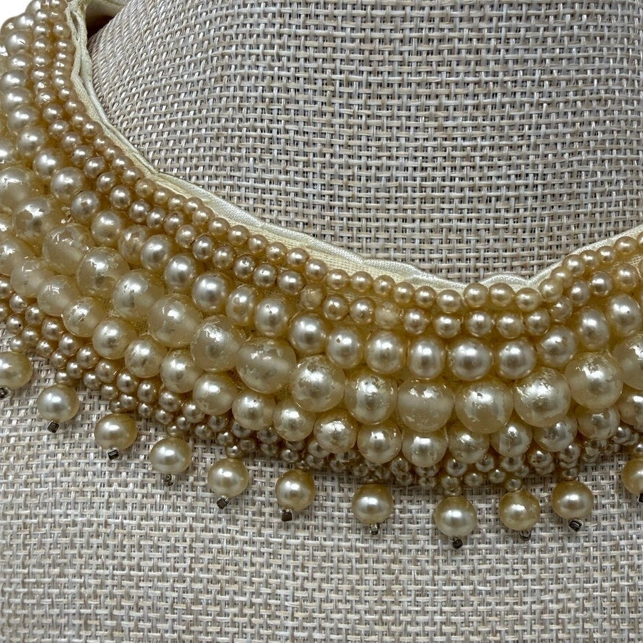 Vintage 40s Faux Pearl Beaded Collar Necklace Ivory Satin Bib 15.5”