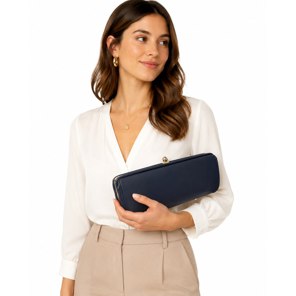 Vintage 80s Navy Blue Vinyl Clutch Purse with Attached Coin Pouches