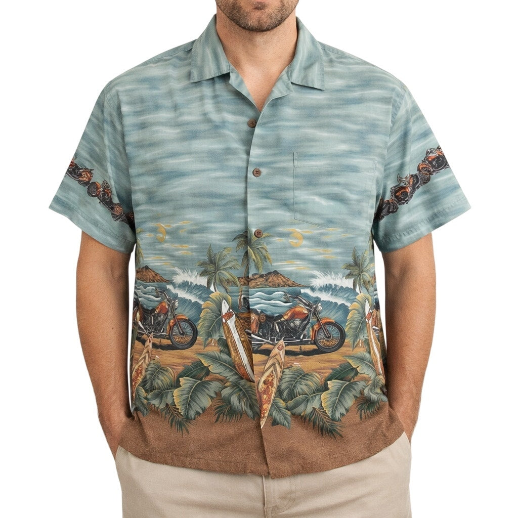 Vintage 90s Hawaiian Button Down Shirt Men's Large Surfboard Motorcycle USA Made