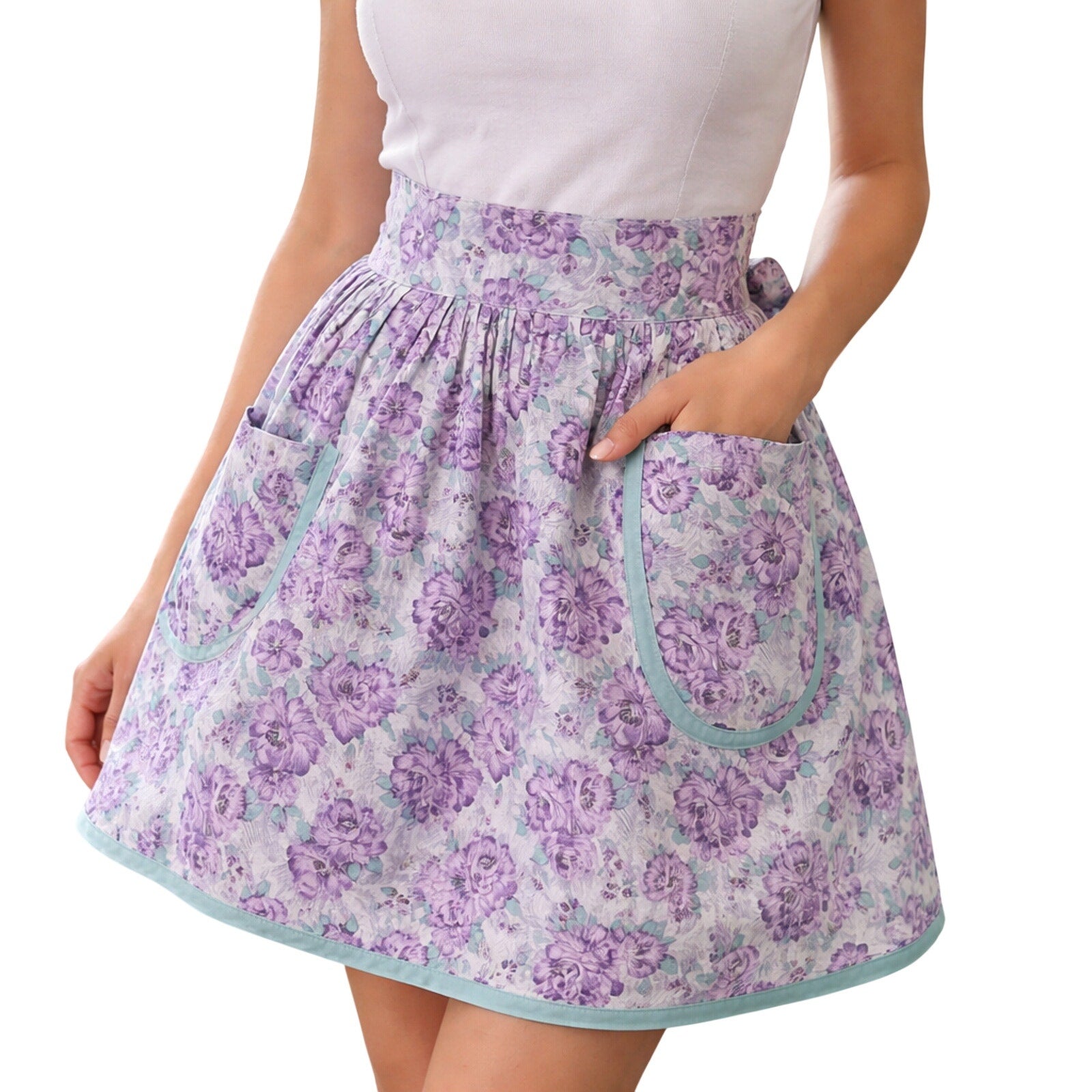 Vintage 1960s Purple Floral Waist Apron Home Sewn