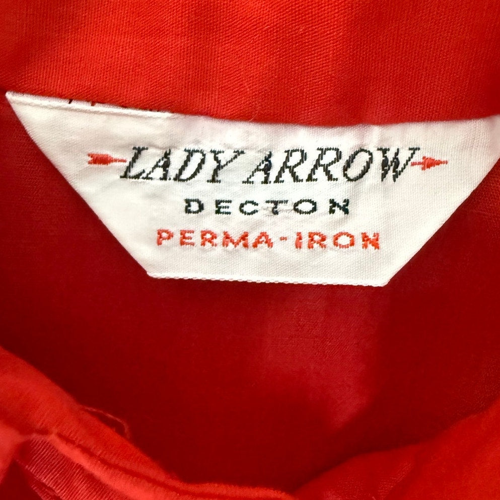 Vintage 70s Women's Large Red Blouse Lady Arrow Decton Red Button Front