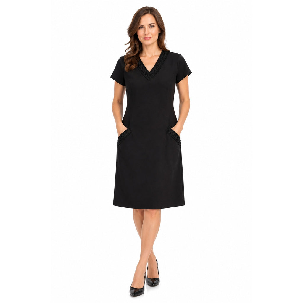Vintage 1960s Black Shift Cocktail Dress Lace Trim Pocket Mid Length Home Sewn