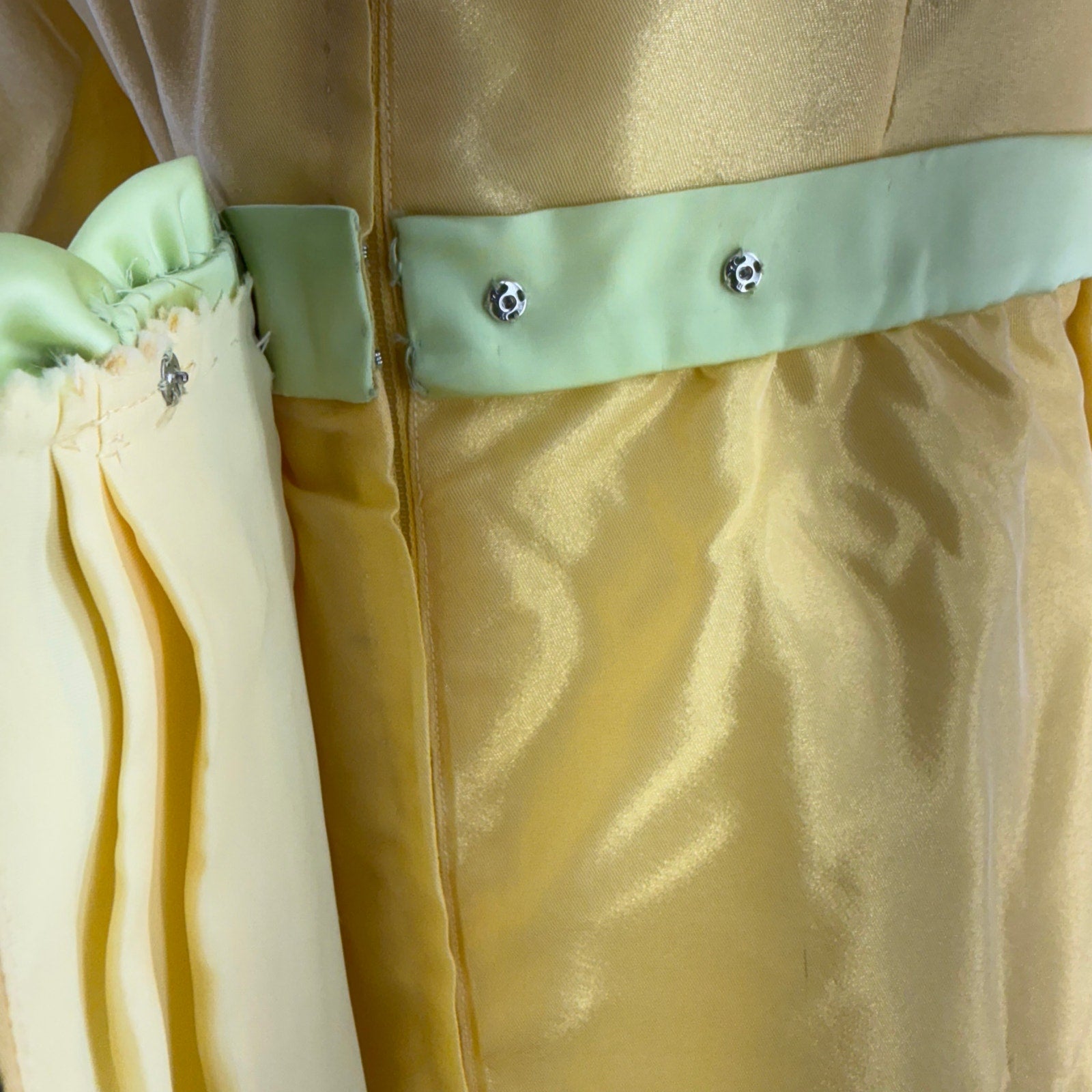 Vintage 60s Women's Small Yellow Chiffon Empire Waist Prom Dress Mint Ribbon