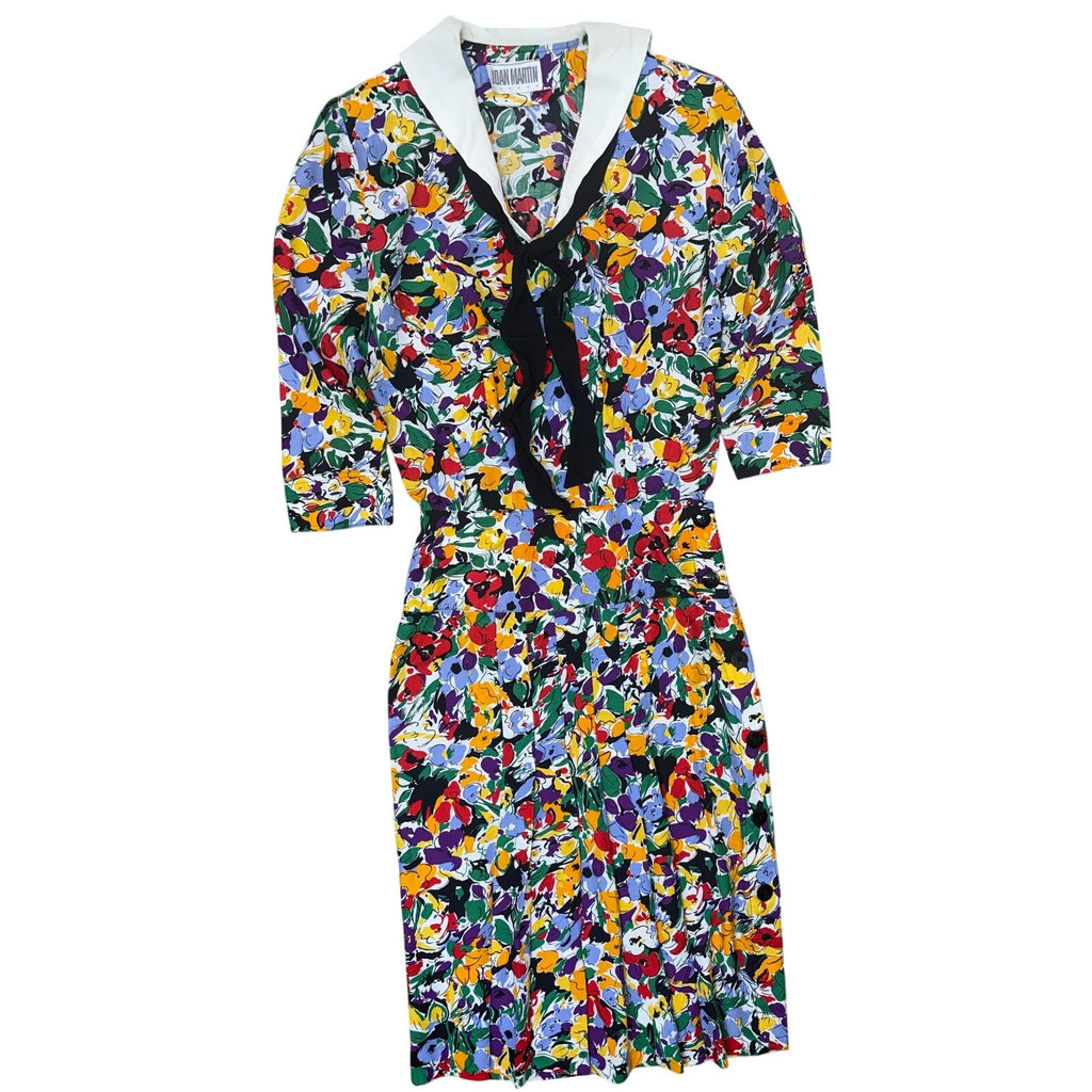 Vintage 80s Joan Martin Floral Midi Dress Scarf Tie Pleated Women's Small