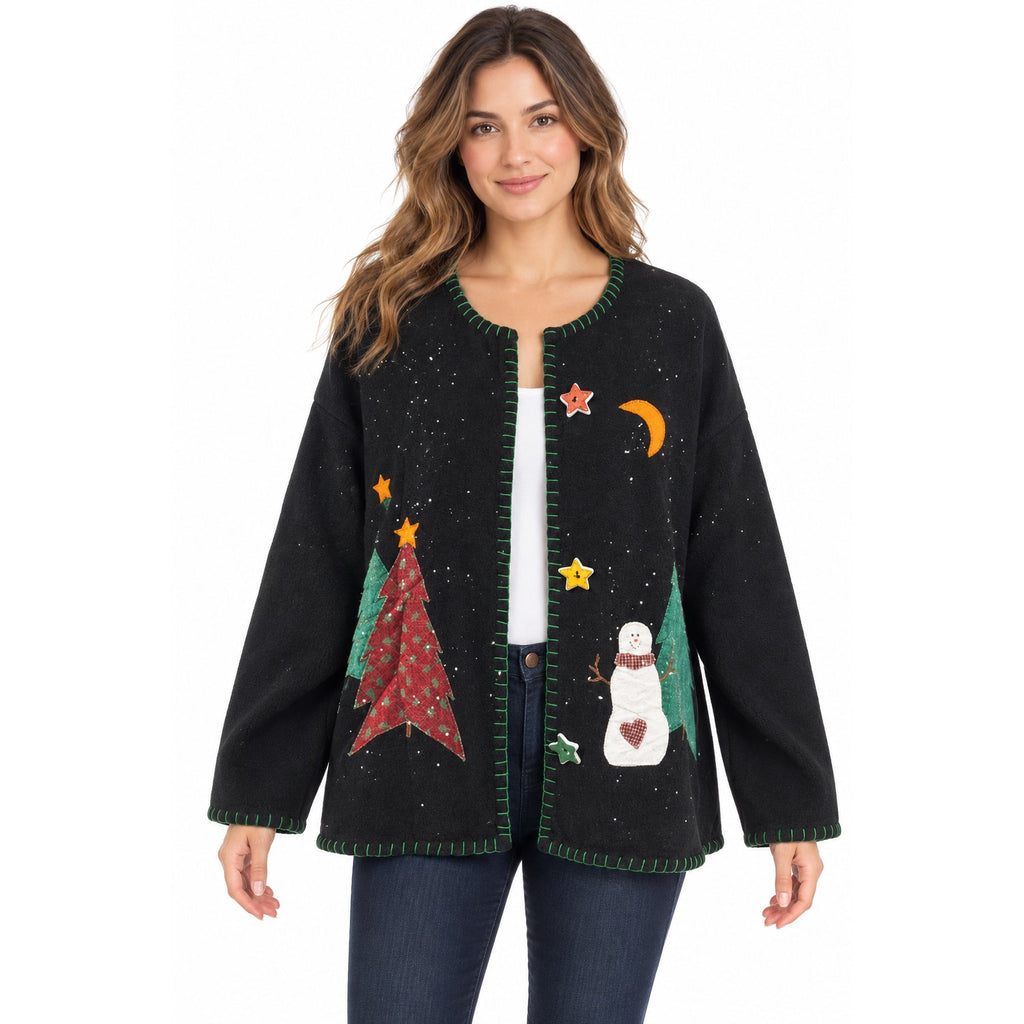 Vintage 80s Black Christmas Snowman Applique Sweatshirt Cardigan Women's Medium