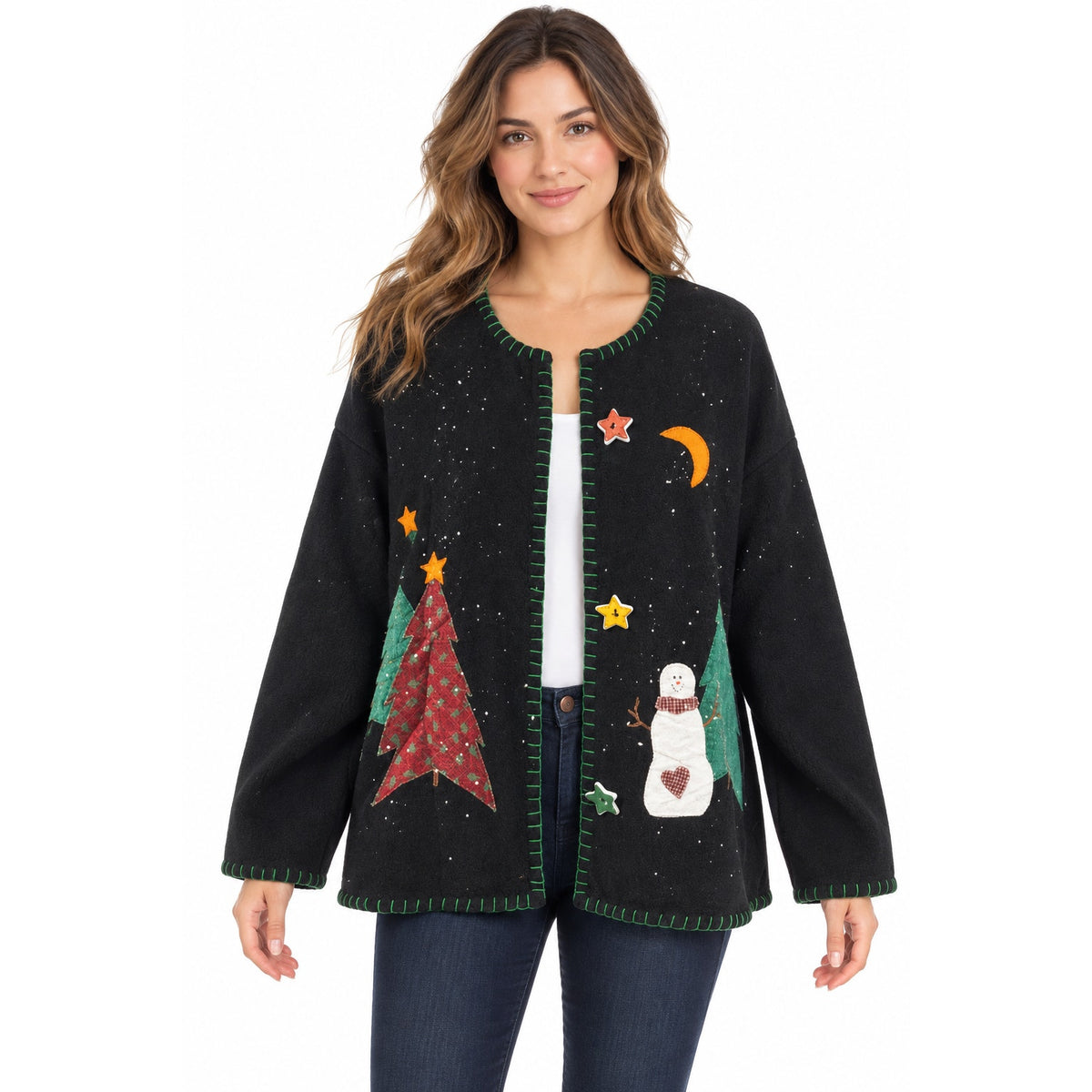 Vintage 80s Black Christmas Snowman Applique Sweatshirt Cardigan Women's Medium