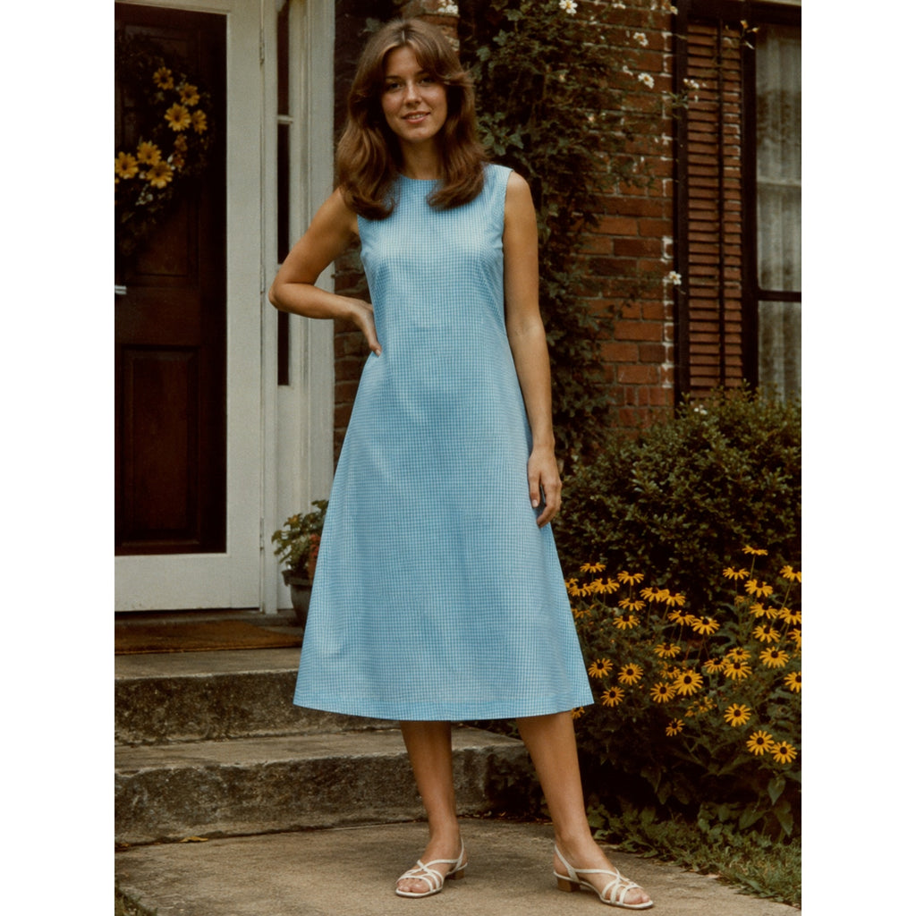 Vintage 70s Blue Gingham Midi Dress Sleeveless Cotton Blend Women's Medium