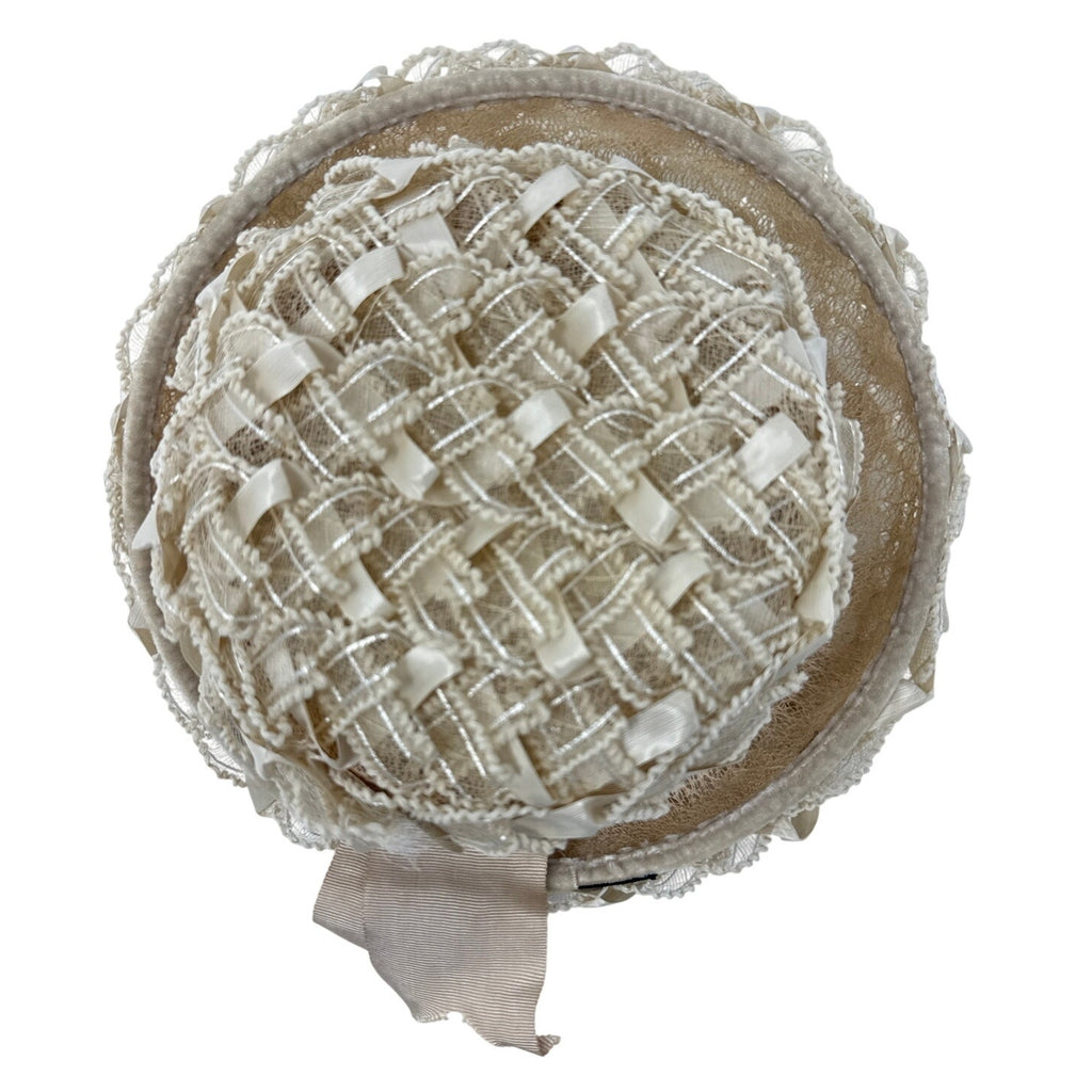 Vintage 1960s Beige Raffia Pillbox Hat with Netting Union Made 7 US