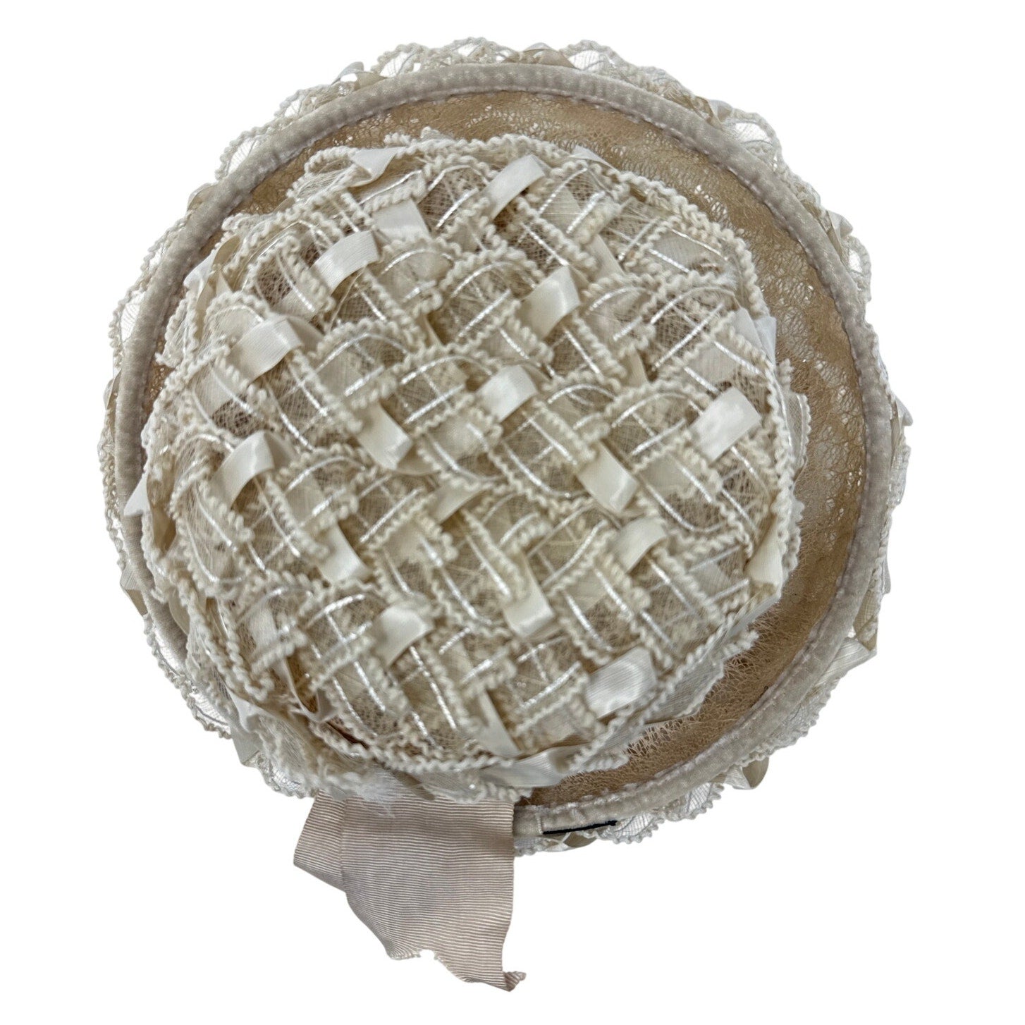 Vintage 1960s Beige Raffia Pillbox Hat with Netting Union Made 7 US
