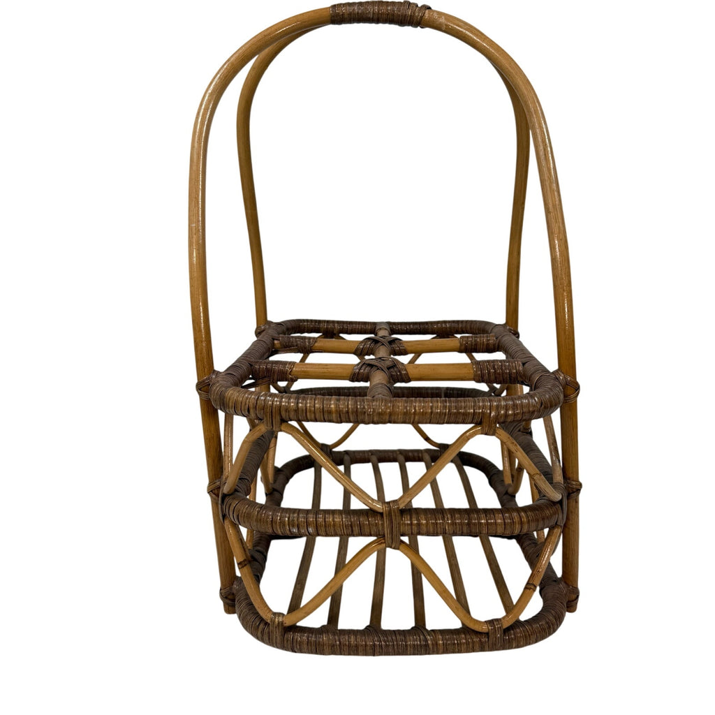 Vintage 80s Bent Wood Bamboo Wine Basket Holder Rustic Boho Farmhouse 18”