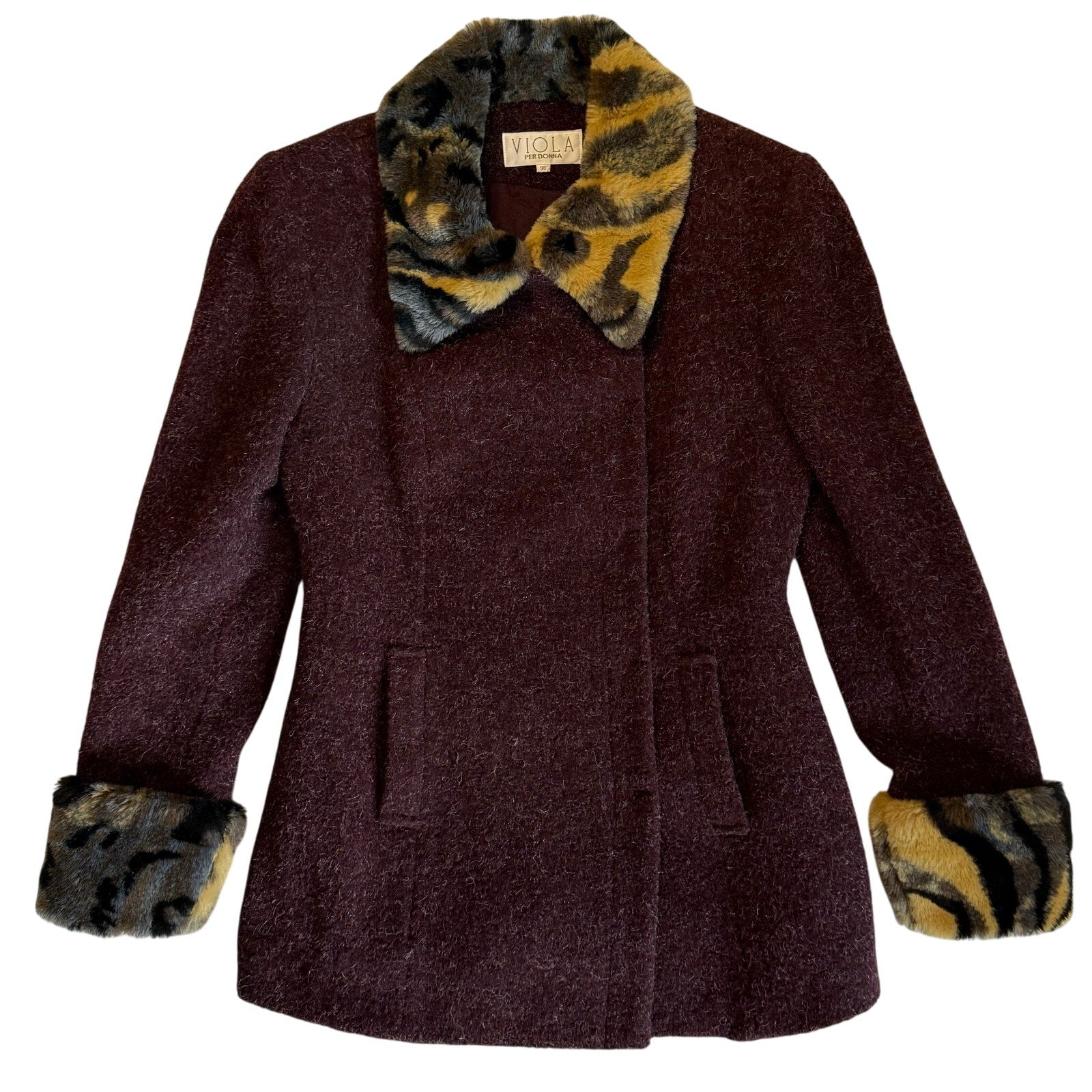 Vintage 90s Women's 36 Viola Per Donna Burgundy Wool Jacket Faux Fur Trim