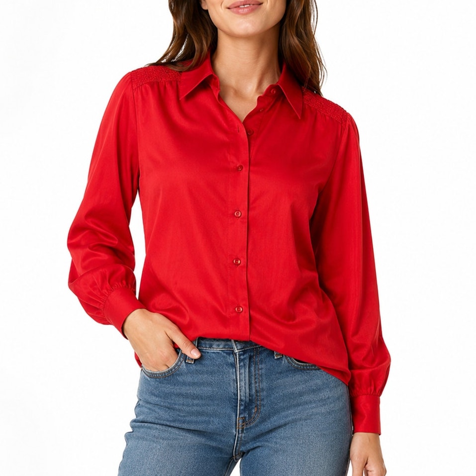 Vintage 70s Women's Large Red Blouse Lady Arrow Decton Red Button Front