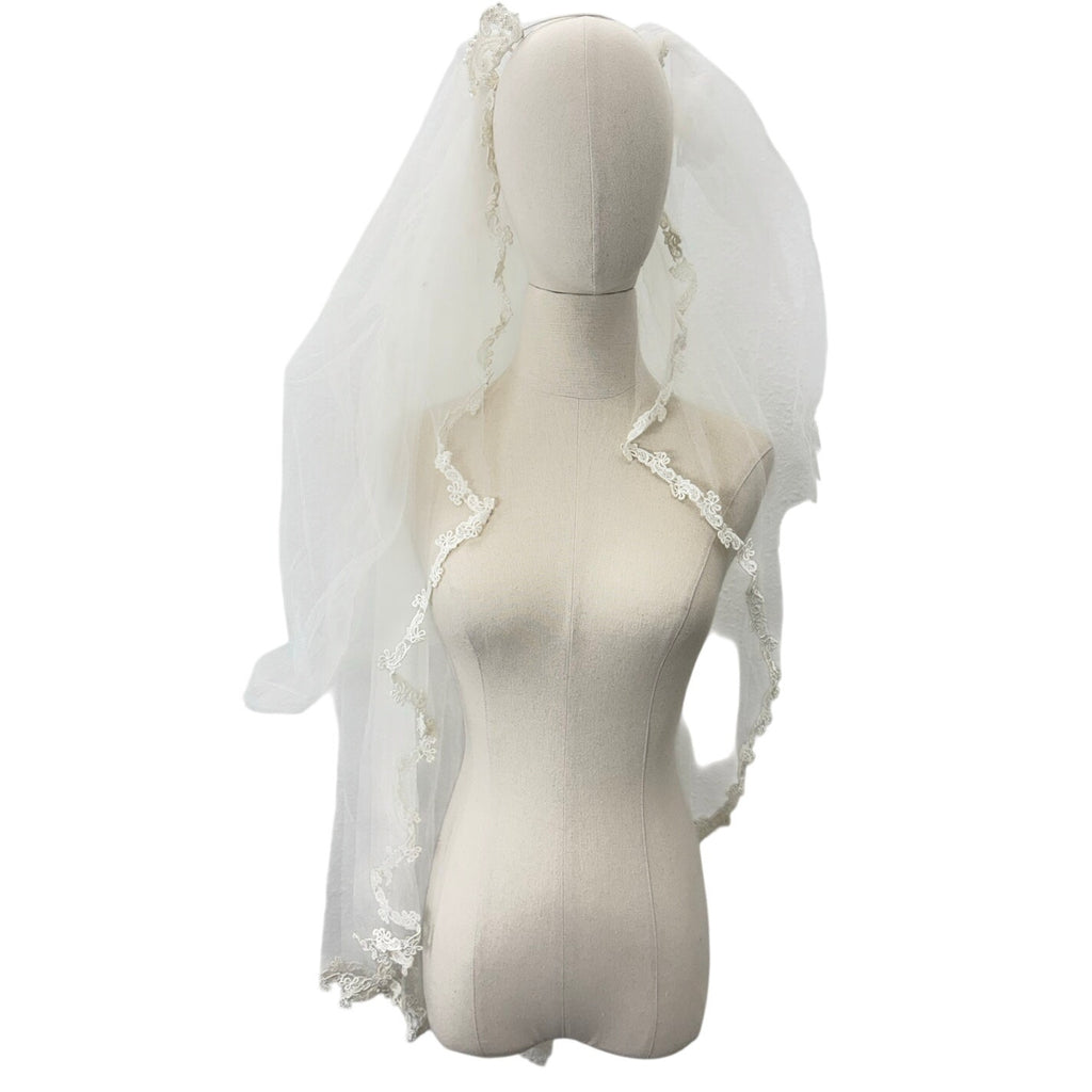 Vintage 70s Bridal Veil Pearl Lace Wedding Headpiece Double Layer