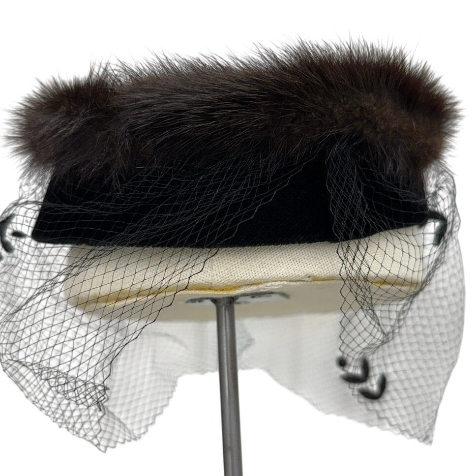 Vintage 1960s Brown Fur Ring Hat Black Velvet Veil Fascinator