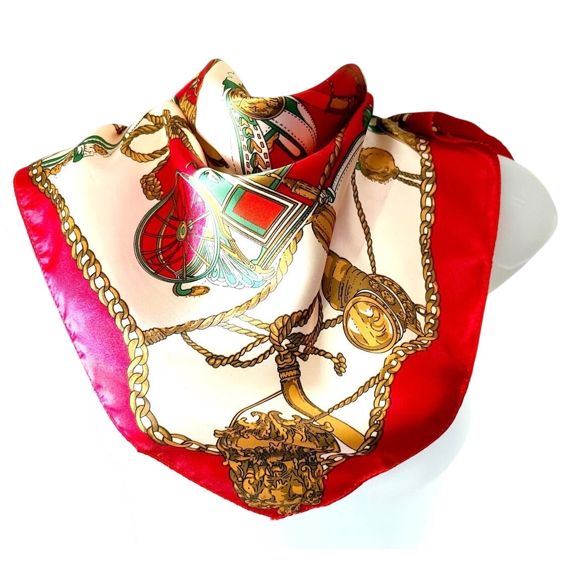 Equestrian Chain Print Square Scarf Red Green Gold 19x19 Hair Neck Bag Tie