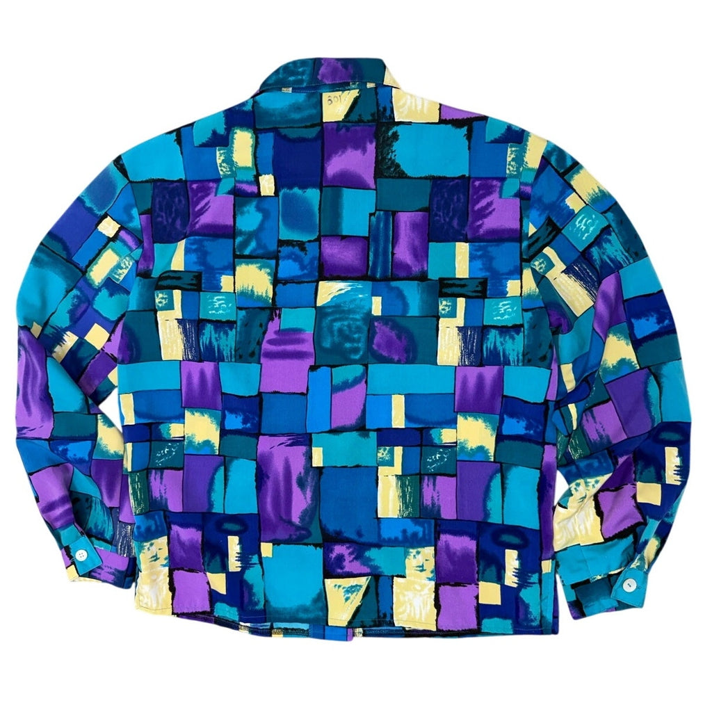 Vintage 80s Women's Medium Sears Geometric Blouse Purple Teal Button Front Shirt
