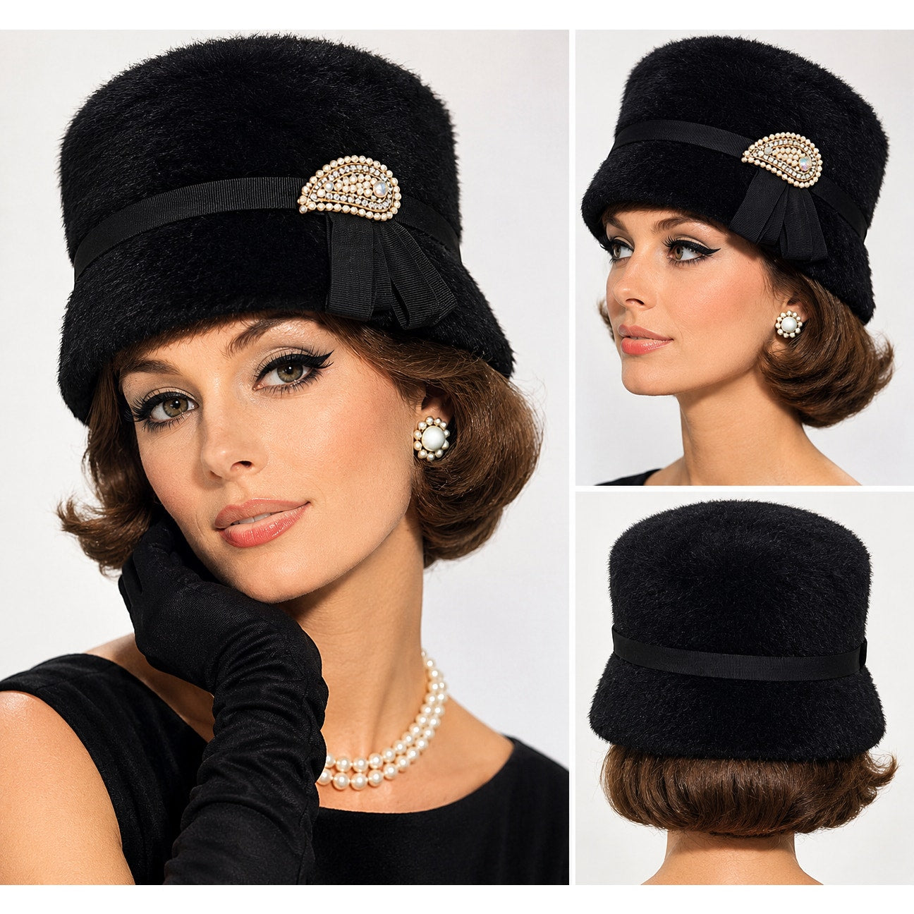 Vintage 60s Women's Black Wool Cossack Hat Pearl Rhinestone Trim Cloche