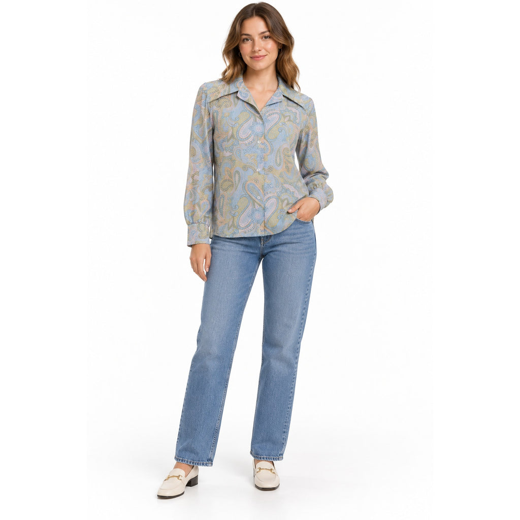 Vintage 70s Laura Mae Paisley Floral Blouse Blue Silky Polyester Women's Medium