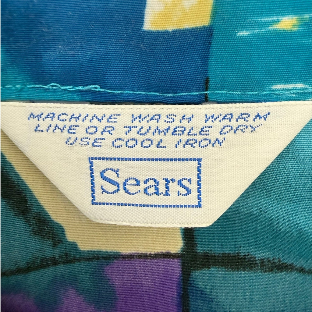 Vintage 80s Women's Medium Sears Geometric Blouse Purple Teal Button Front Shirt