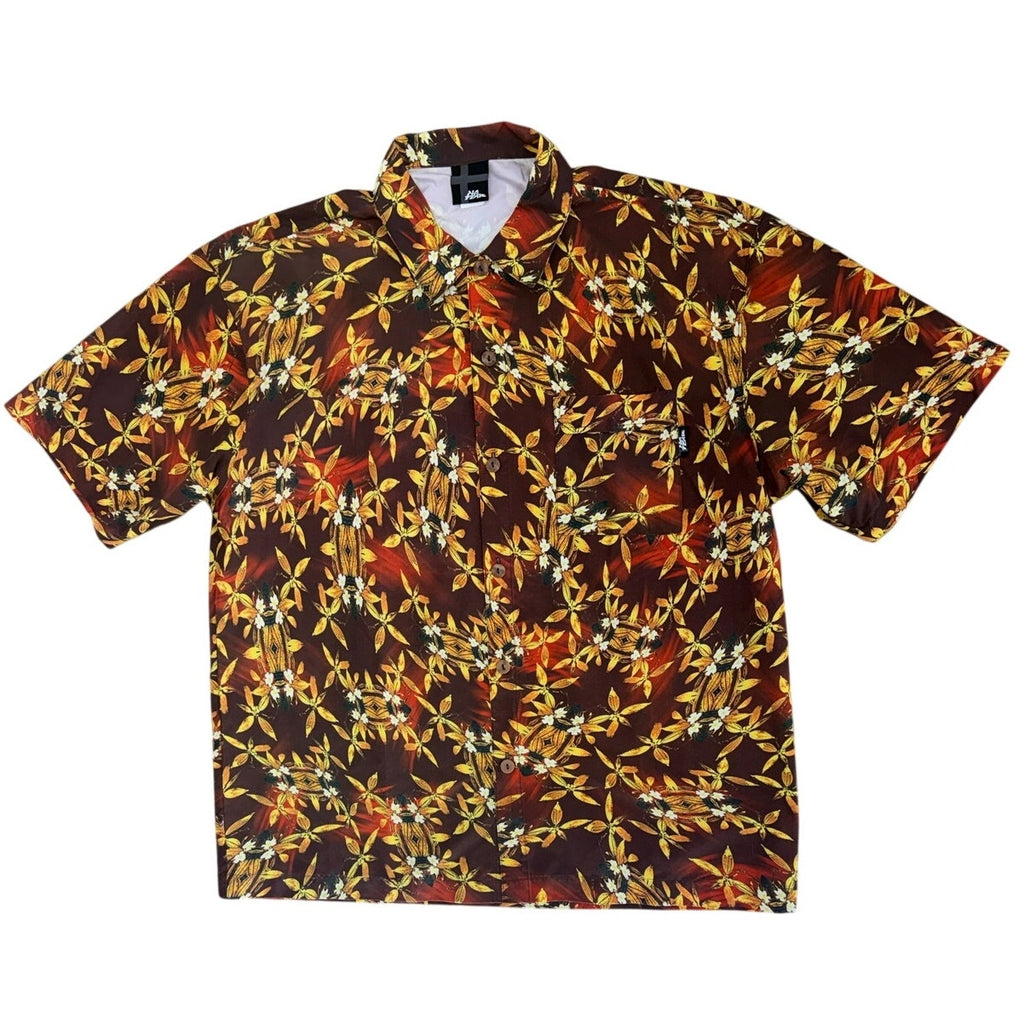 Vintage 90s No Fear Hawaiian Shirt Mens XL Brown Floral Nylon Camp Shirt